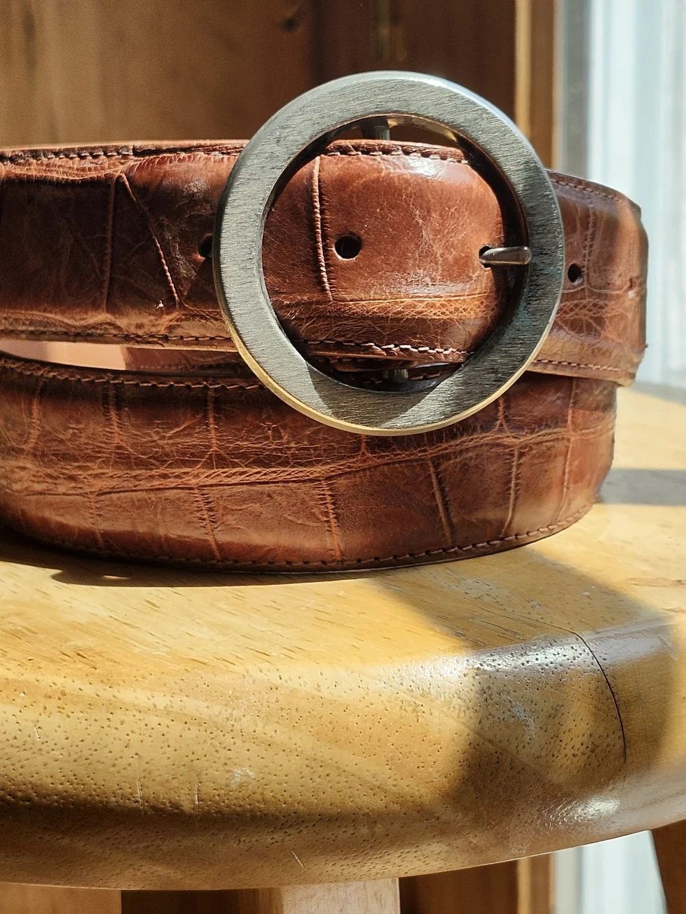 Matte Whiskey Alligator Belt with Vintage Round Silver Buckle